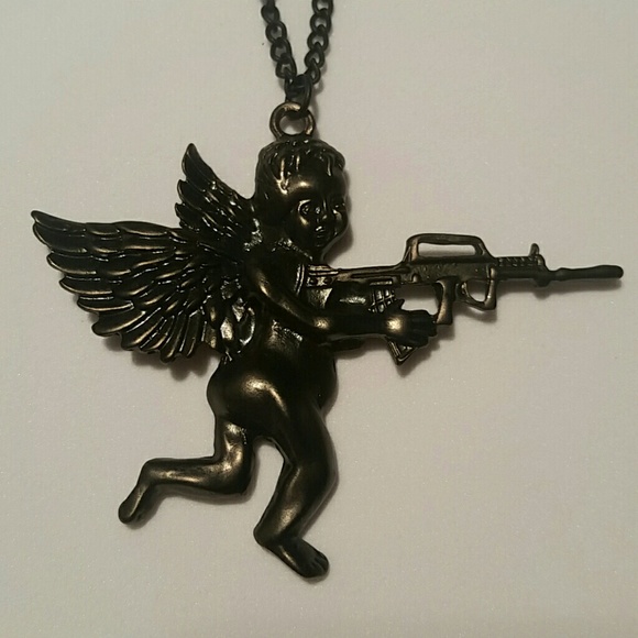 NEW Black Cherub Angel With A Gun Pendant Necklace - Picture 2 of 8