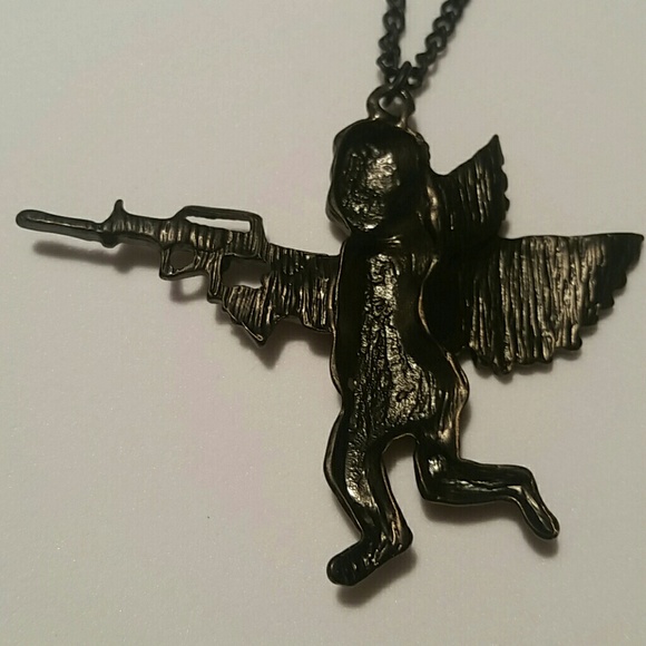NEW Black Cherub Angel With A Gun Pendant Necklace - Picture 3 of 8
