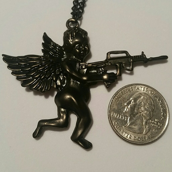 NEW Black Cherub Angel With A Gun Pendant Necklace - Picture 7 of 8