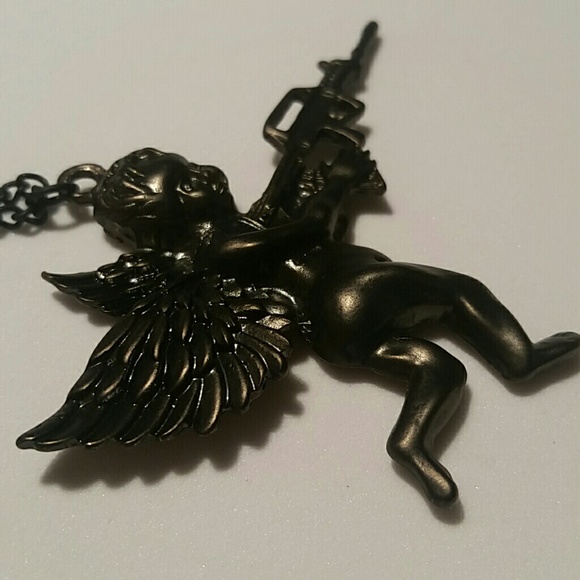 NEW Black Cherub Angel With A Gun Pendant Necklace - Picture 4 of 8