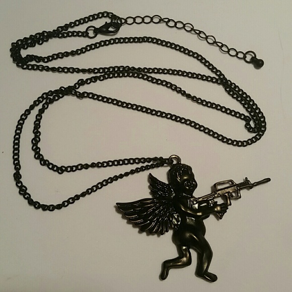 NEW Black Cherub Angel With A Gun Pendant Necklace - Picture 5 of 8