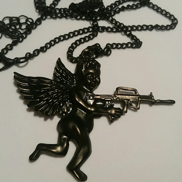 NEW Black Cherub Angel With A Gun Pendant Necklace - Picture 6 of 8
