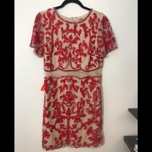 Frock and Frill red beaded dress with mesh insert