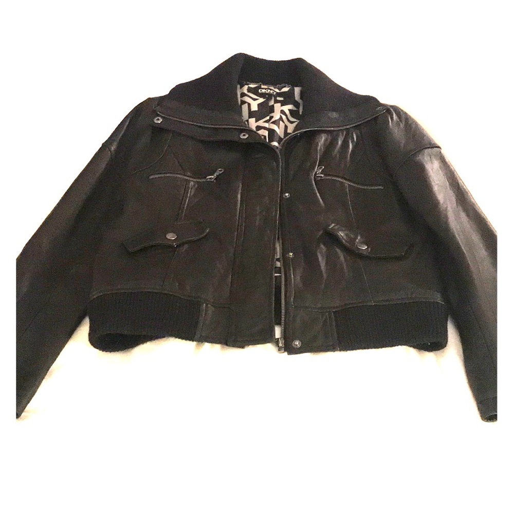 Women’s chocolate brown leather bomber jacket DKNY