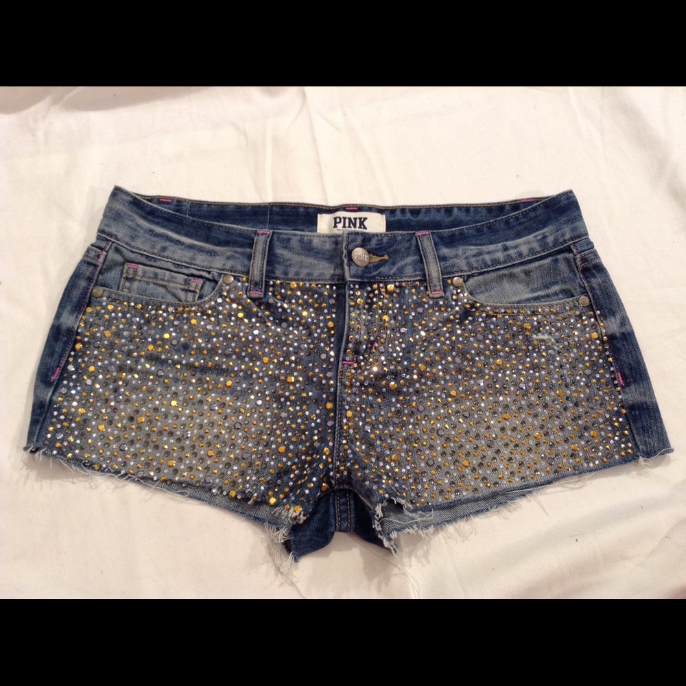 VS PINK Sparkly Rhinestone Studded Denim Shorts