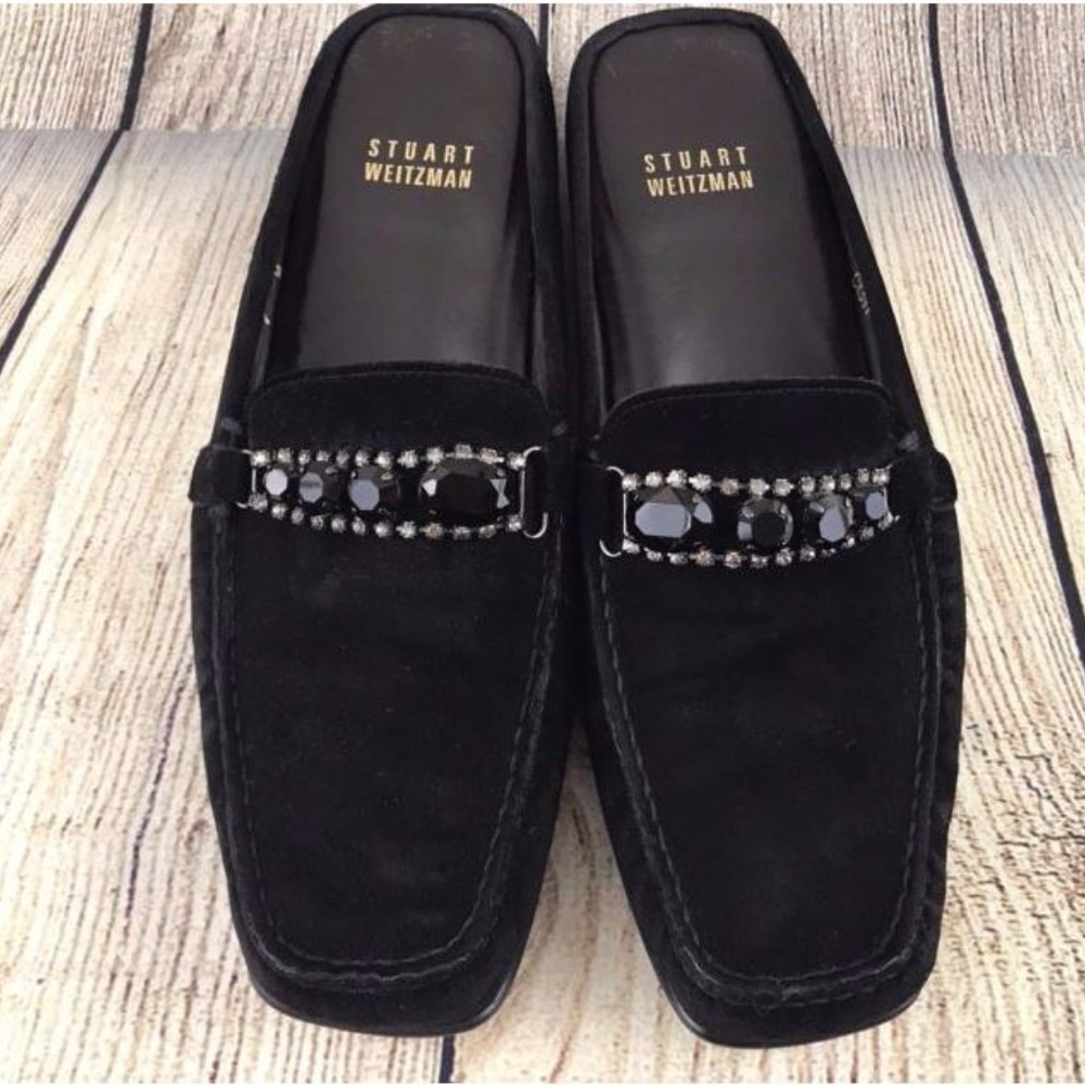 Stuart Weitzman Suede Jeweled Buckle Slip On Mules - Picture 5 of 7