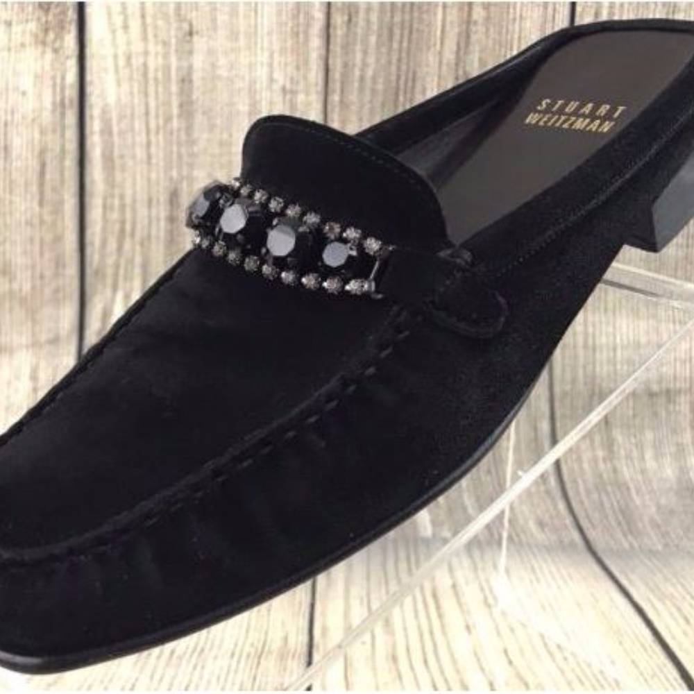 Stuart Weitzman Suede Jeweled Buckle Slip On Mules - Picture 3 of 7
