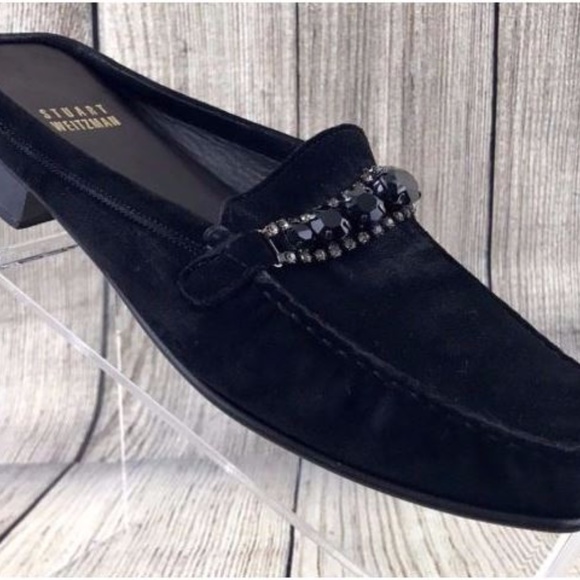 Stuart Weitzman Suede Jeweled Buckle Slip On Mules - Picture 2 of 7