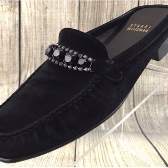 Stuart Weitzman Suede Jeweled Buckle Slip On Mules - Picture 3 of 7