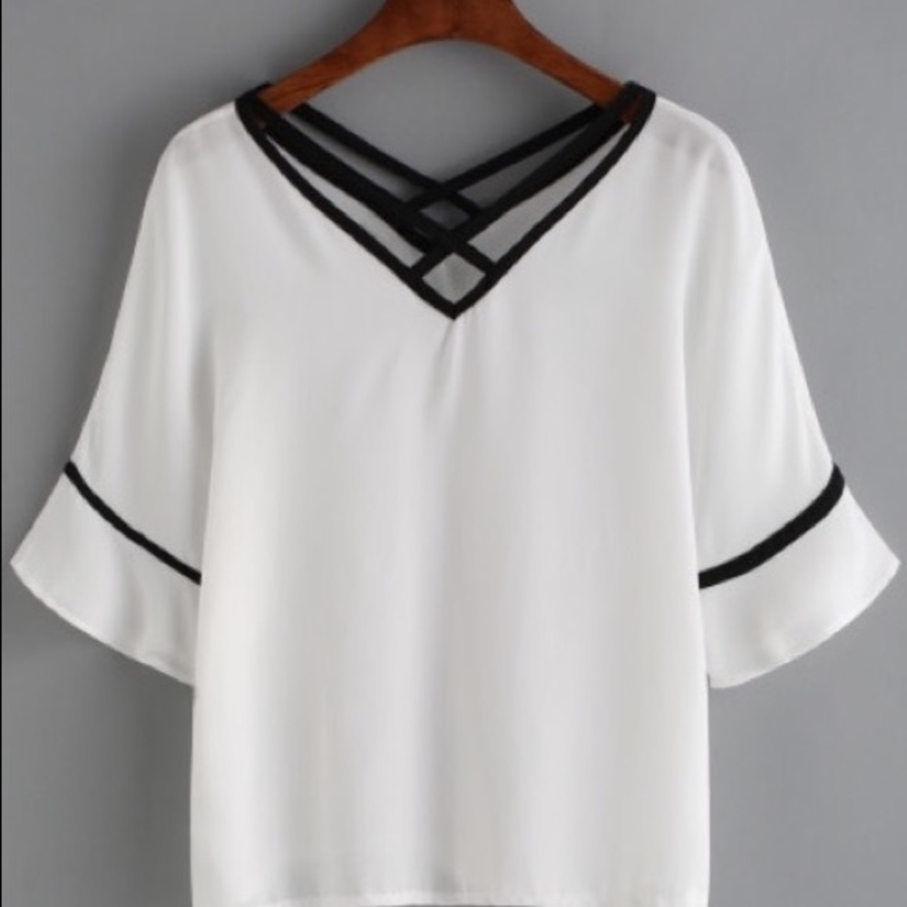 White Blouse with Black Detailing & Bell Sleeves
