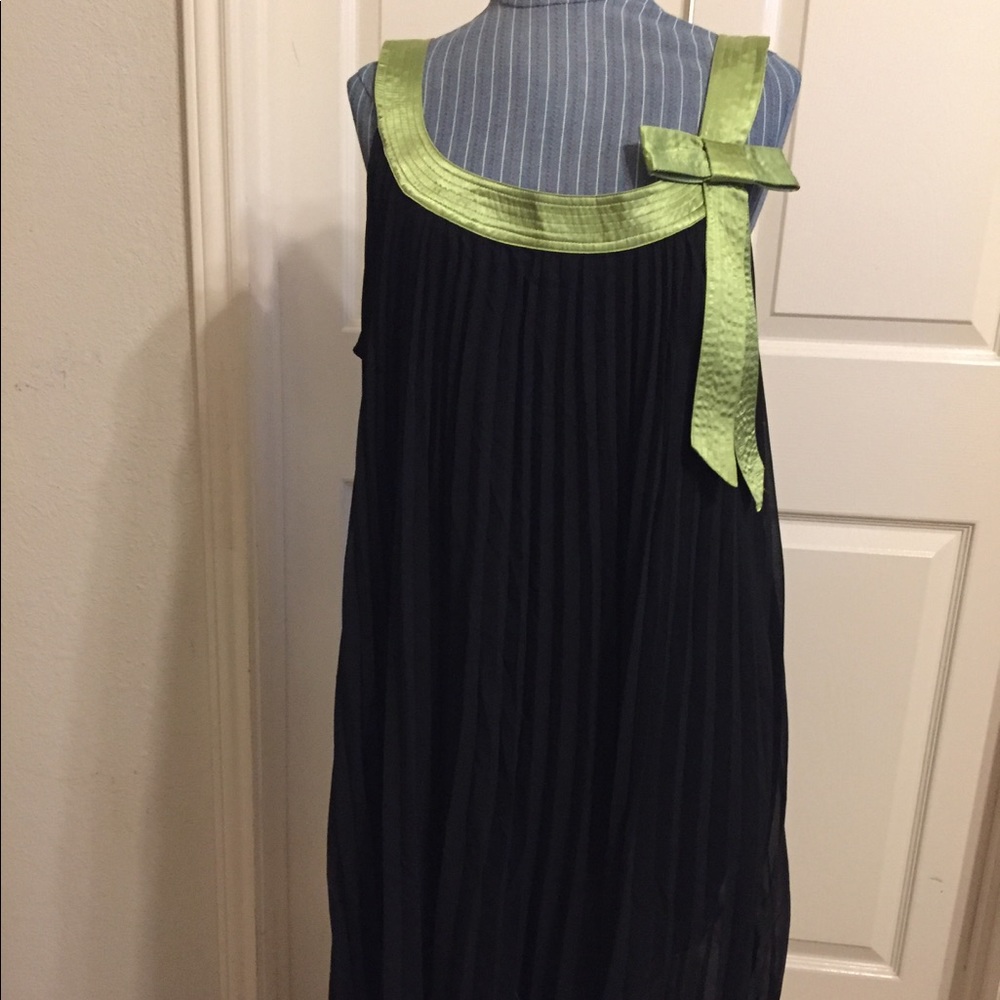 Black chiffon formal dress with bright green trim