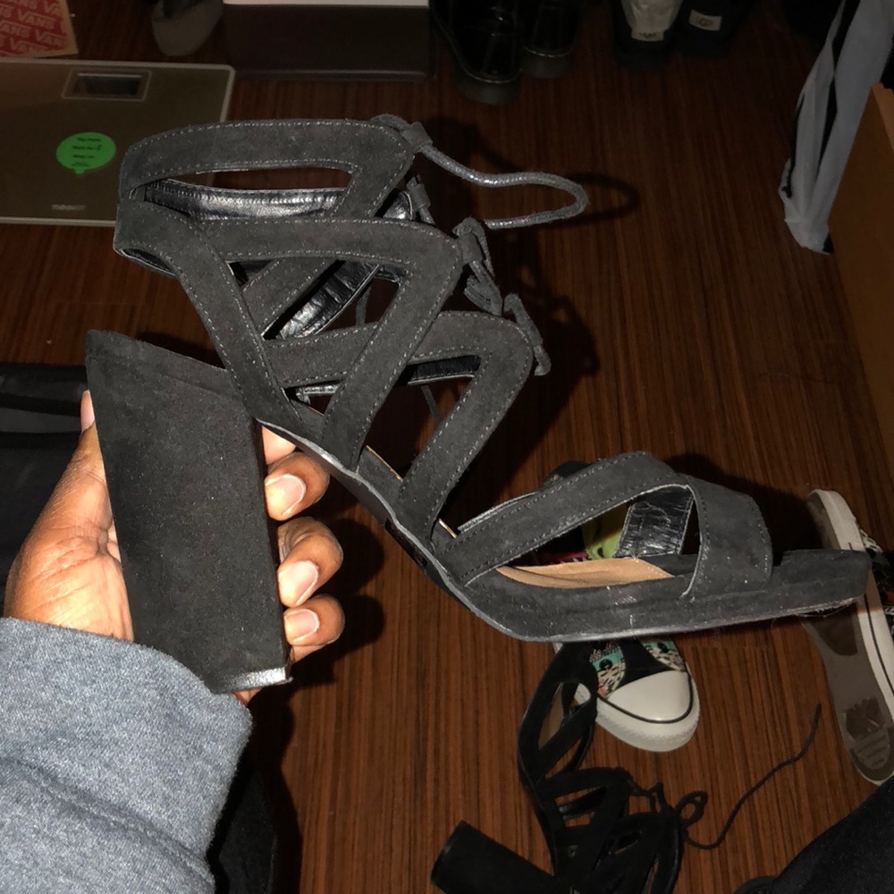 Black lace up block heel