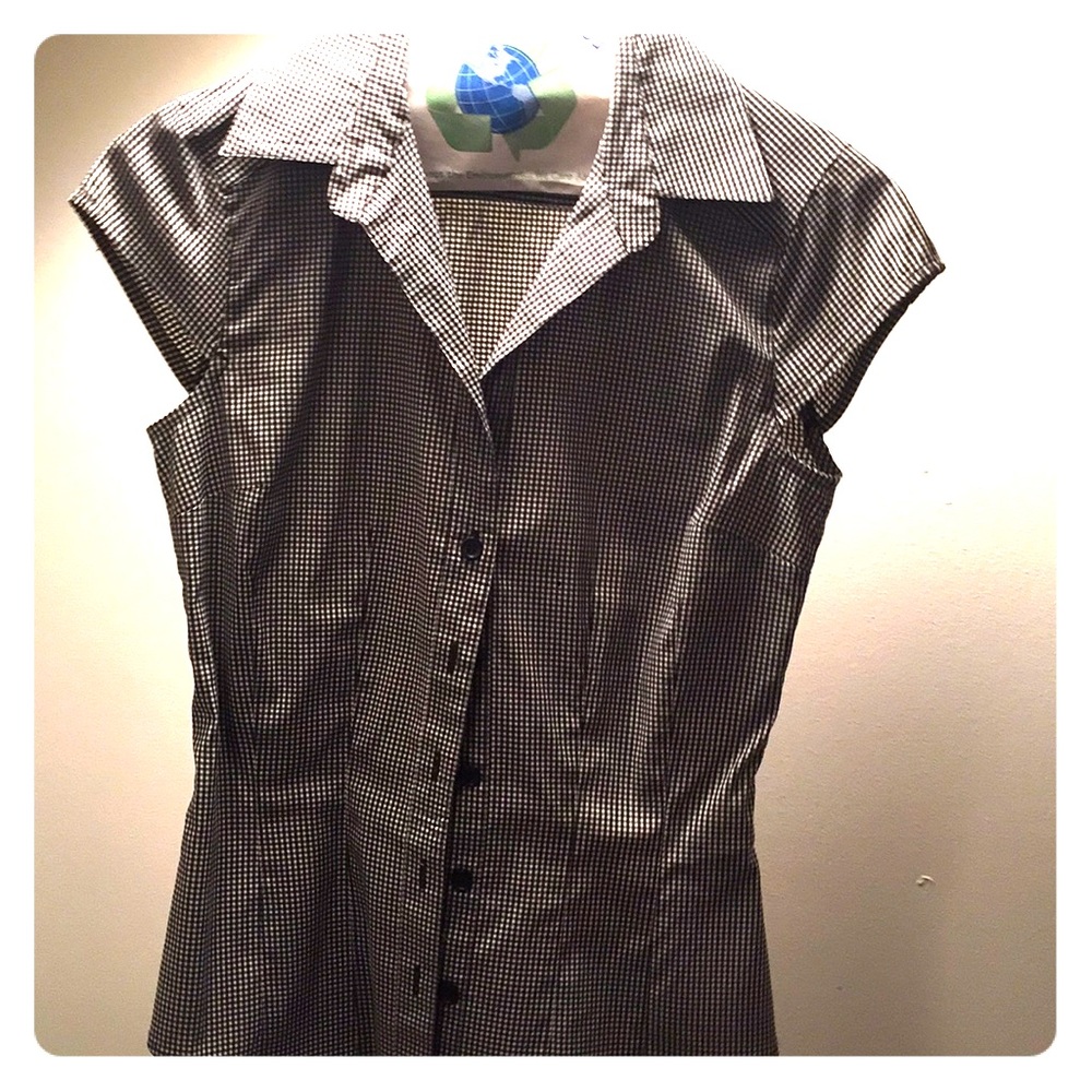 H&M Black/White Check Business Shirt - Cap Sleeves