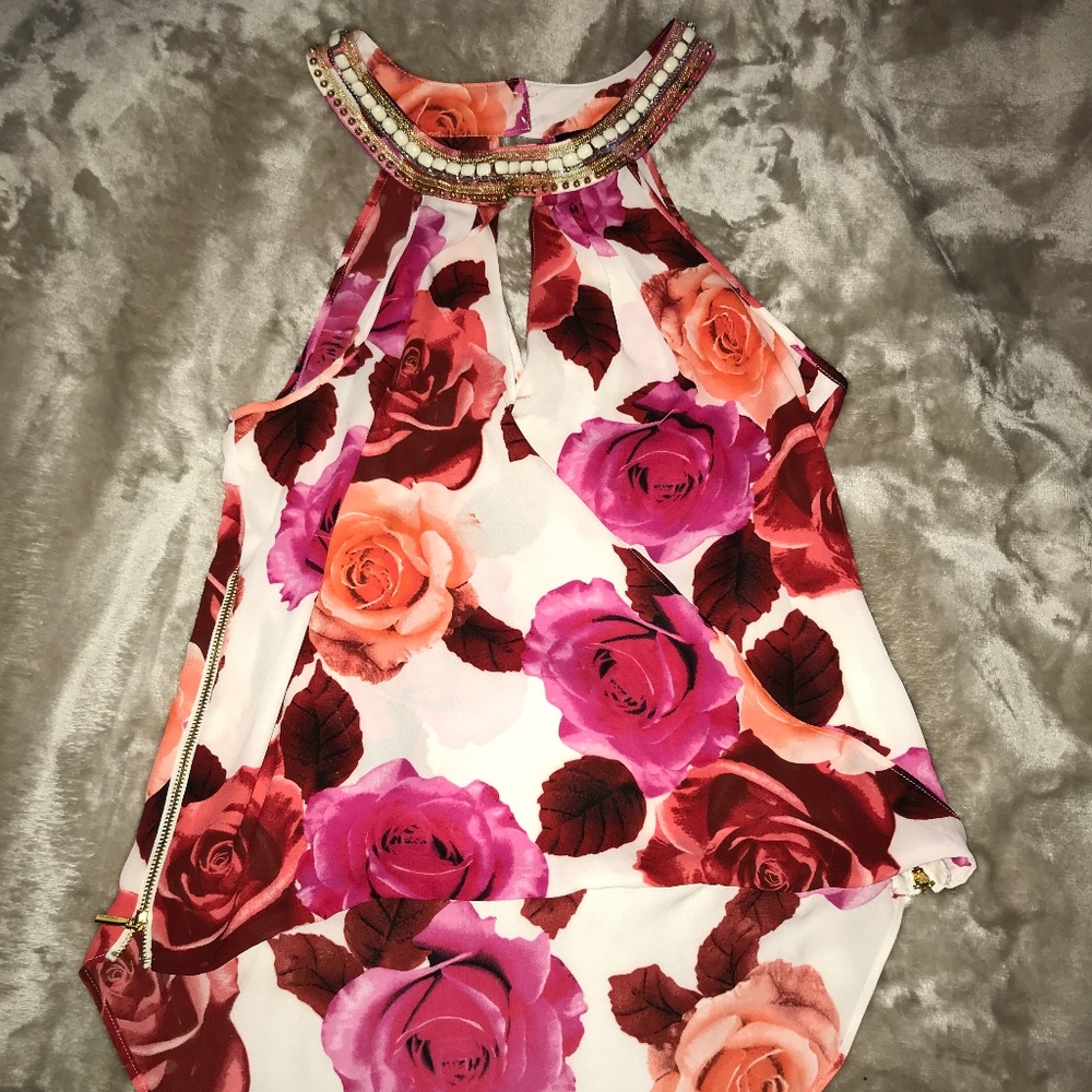 Small BEBE Beaded Floral Blouse Brand New!