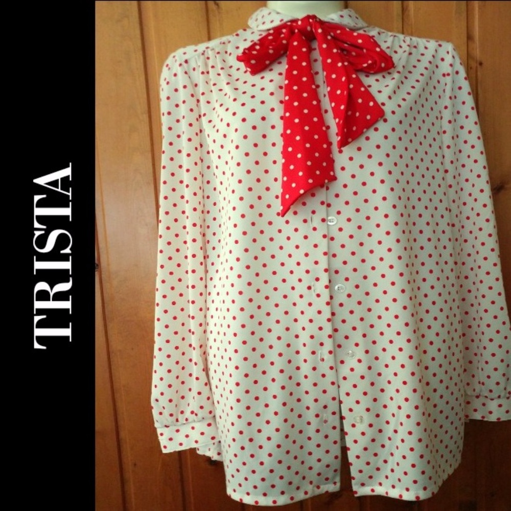 Retro White and Red Polka Dot Blouse with Scarf