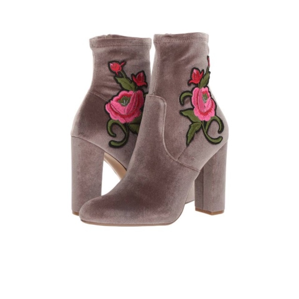 Steve Madden Grey Velvet Rose Embroidered Boots.
