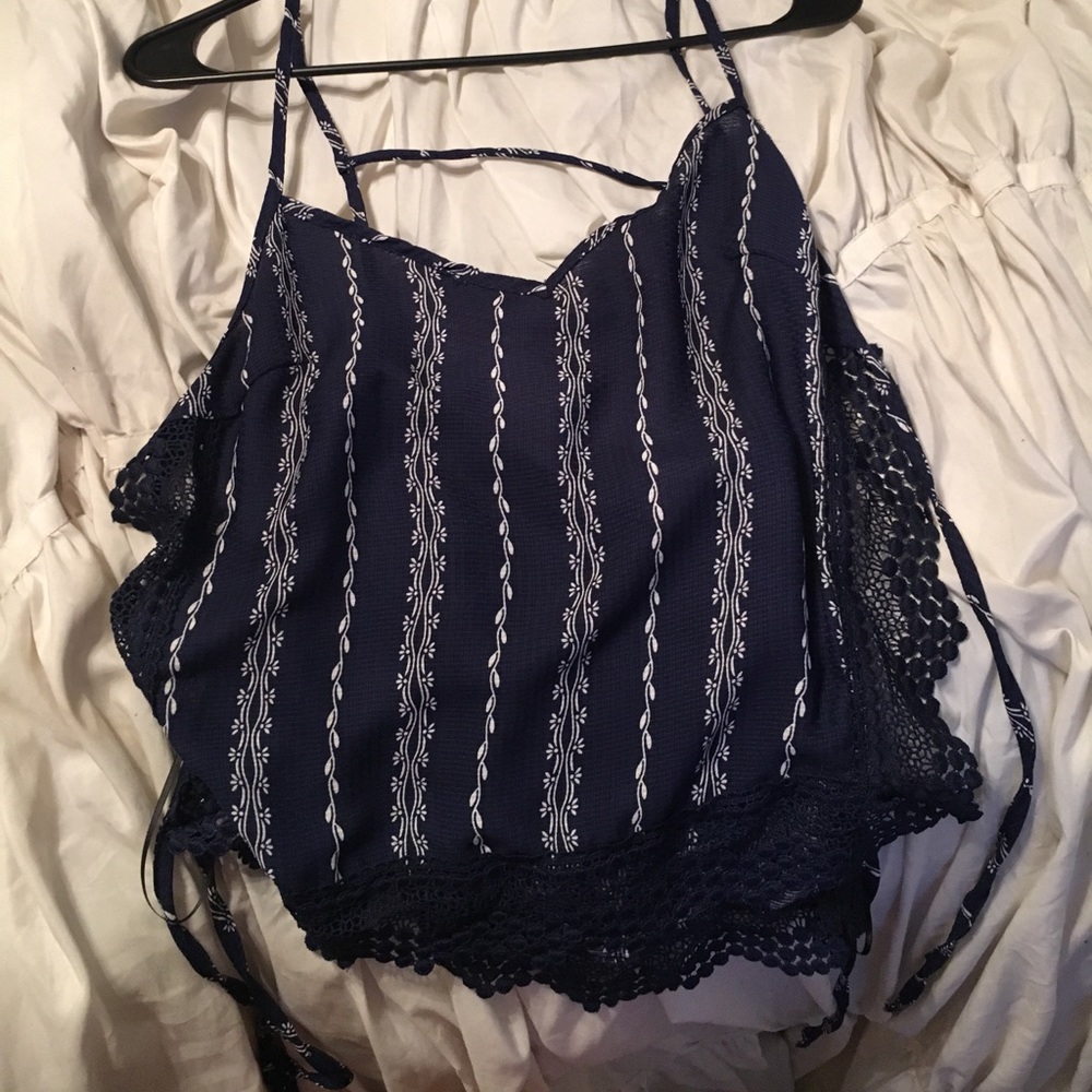 Blue and white crop top that ties on the sides