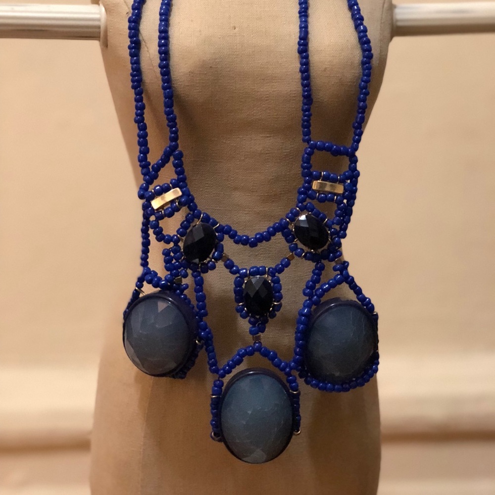 Blue Beaded & Stone Statement Necklace