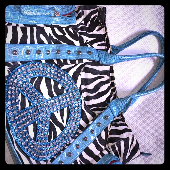 Fun & funky Peace blue zebra print shoulder bag - Picture 1 of 3