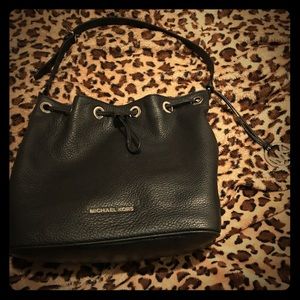 Black Leather Michael Kors Drawstring Purse