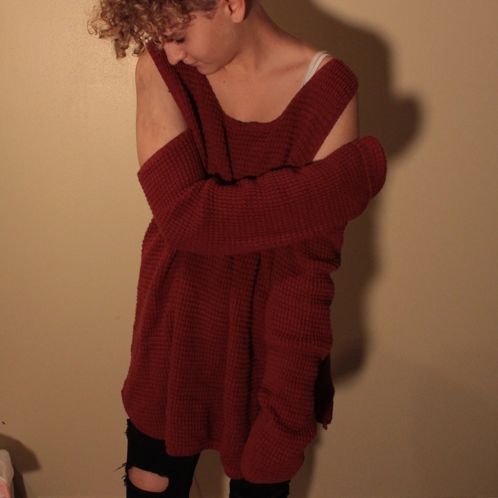 Open shoulder, long sleeve sweater