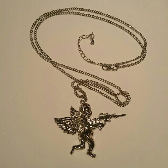NEW Silver Cherub Angel With Gun Pendant Necklace - Picture 2 of 8