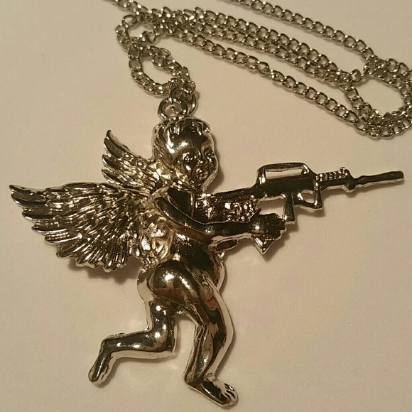 NEW Silver Cherub Angel With Gun Pendant Necklace - Picture 3 of 8