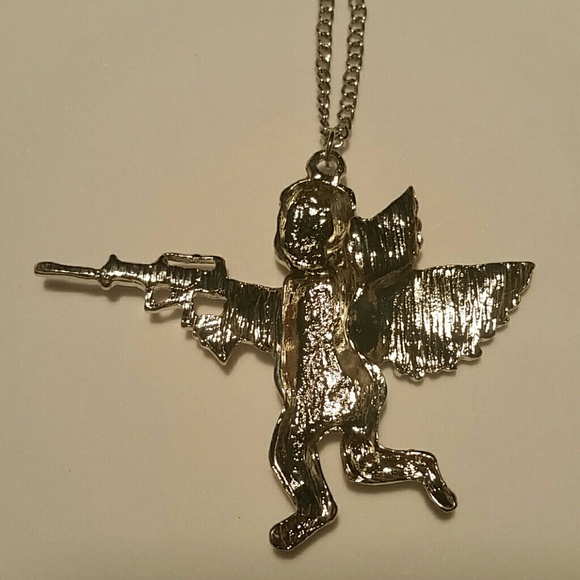 NEW Silver Cherub Angel With Gun Pendant Necklace - Picture 5 of 8