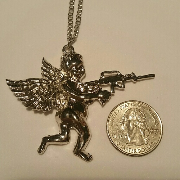 NEW Silver Cherub Angel With Gun Pendant Necklace - Picture 6 of 8