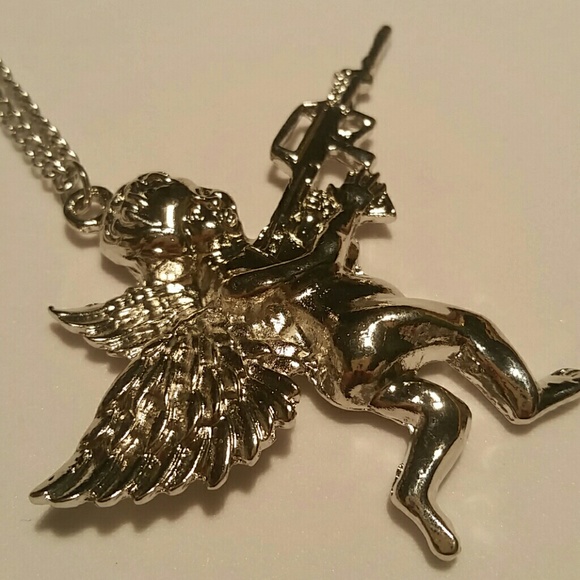 NEW Silver Cherub Angel With Gun Pendant Necklace - Picture 7 of 8