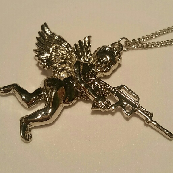 NEW Silver Cherub Angel With Gun Pendant Necklace - Picture 8 of 8