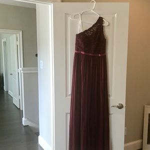 Davids bridal long bridesmaids dress in wine