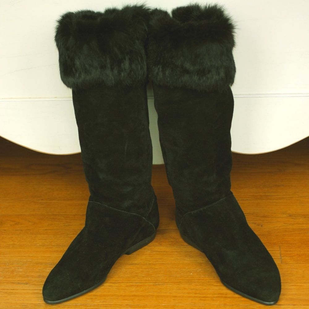 Black Suede Knee Length Boot w/Rabbit Fur Trim