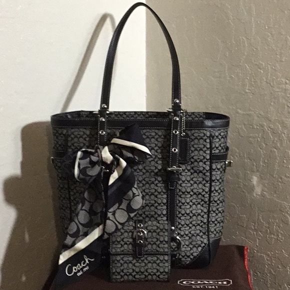 Coach Handbags - Coach Black/Gray Jacquard Tote/Shoulder Bag Set
