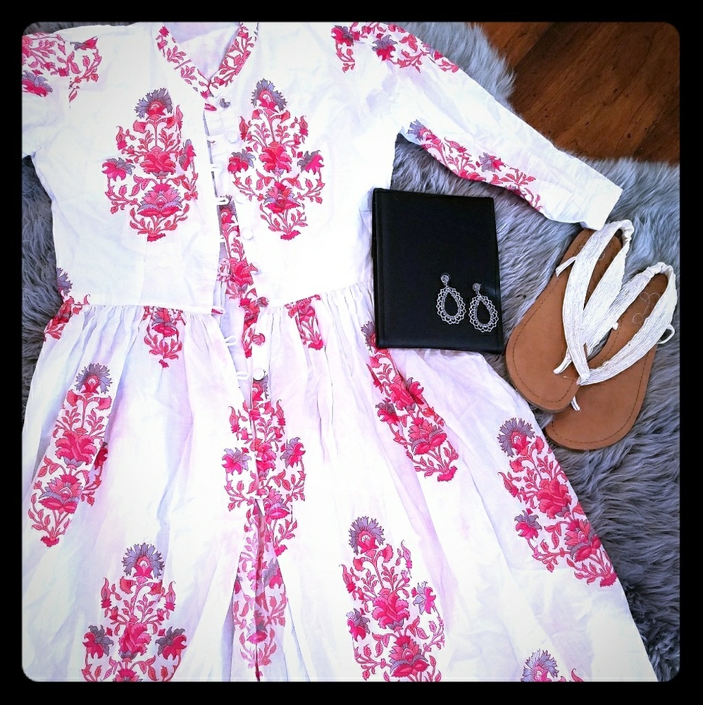 White and Pink Printed Cotton Tunic/Cape/Coat