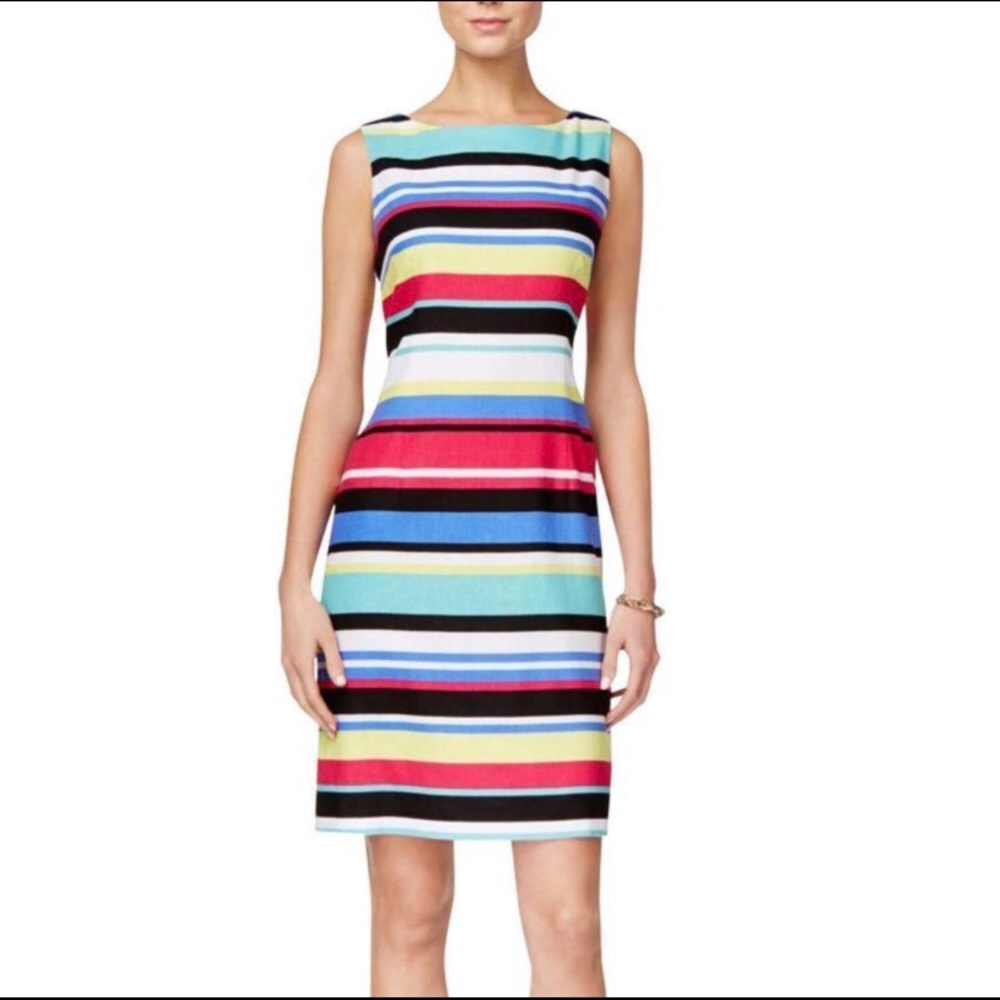 LIKE NEW ELIE TAHARI ASL SLEEVELESS SHEATH STRIPED DRESS
