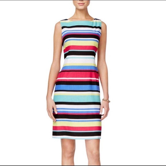 LIKE NEW ELIE TAHARI ASL SLEEVELESS SHEATH STRIPED DRESS - Picture 1 of 4