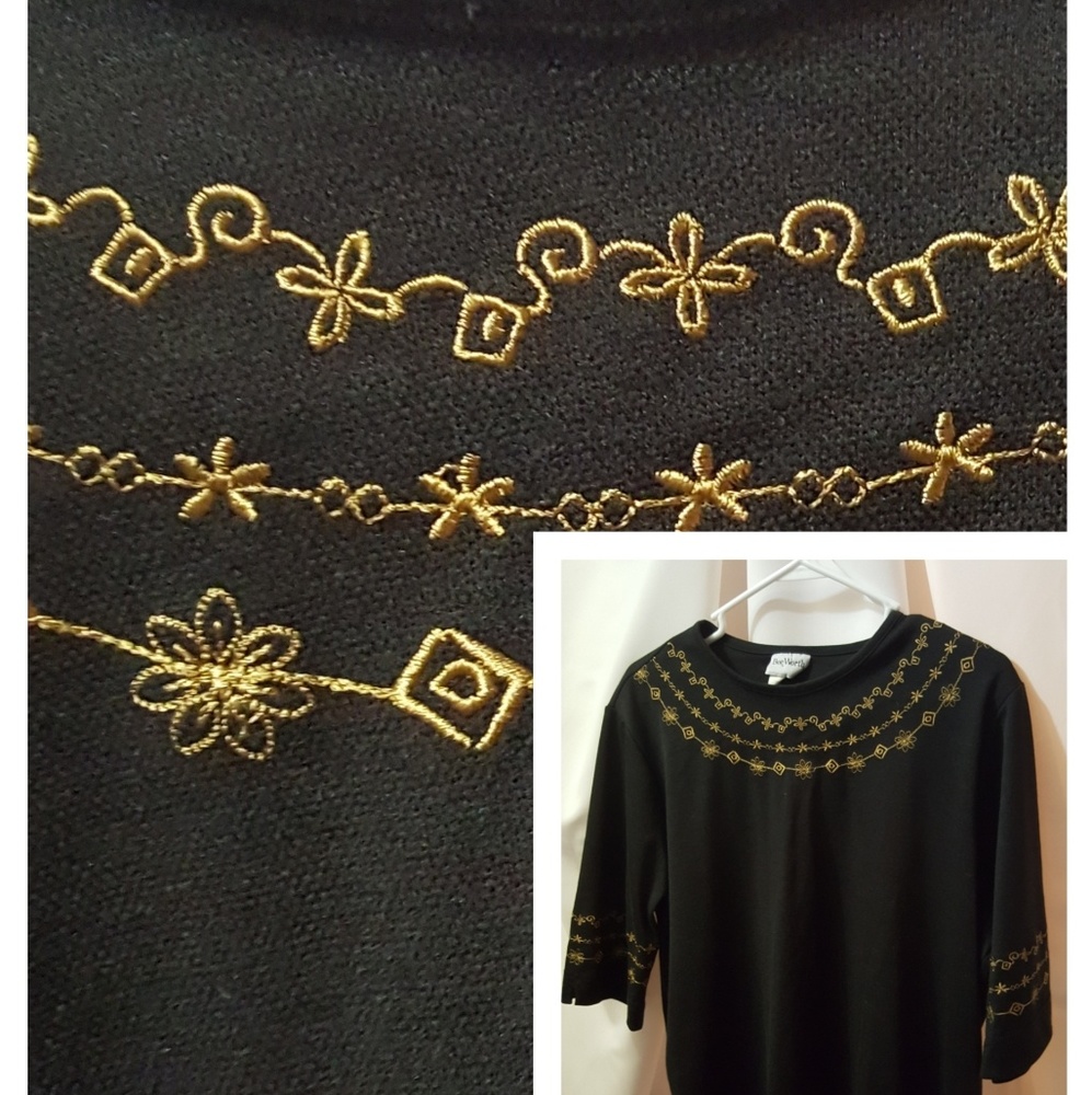 ⬇️ BonWorth Embroidered Collar Black Top M L Petite