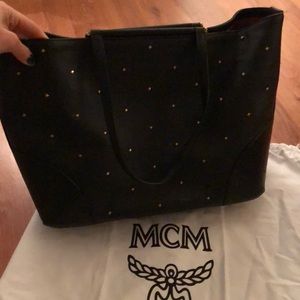 MCM black leather tote with gold studs