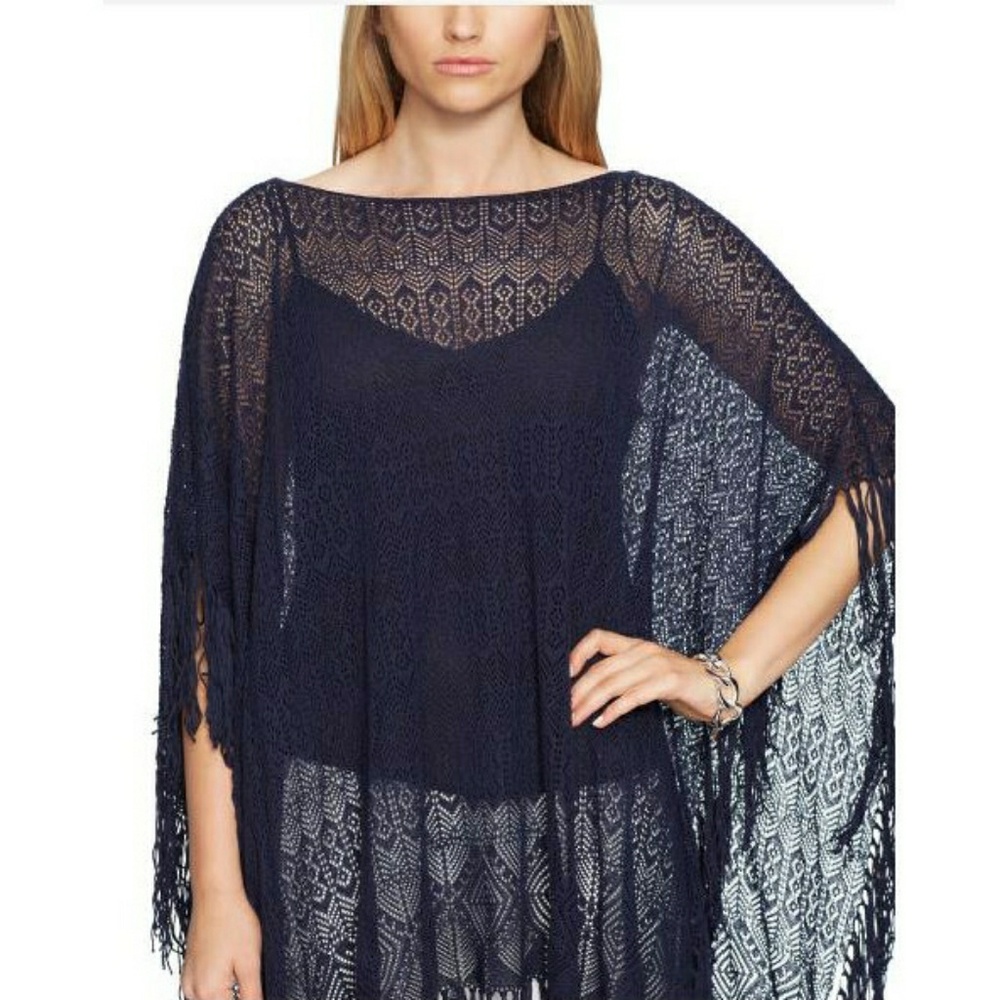 Lauren Ralph Lauren Fringed Pointelle Knit Poncho - Picture 2 of 7
