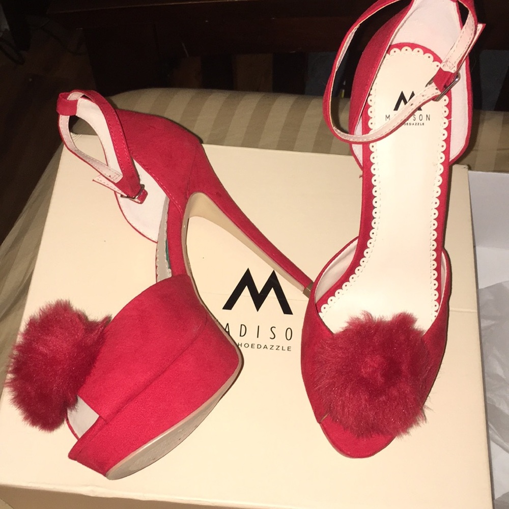 Red Faux Suede Peep Toe Platform Pumps sz 9.5