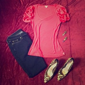 **GUESS** Red Scoop Neck Blouse with Satin Sleeves