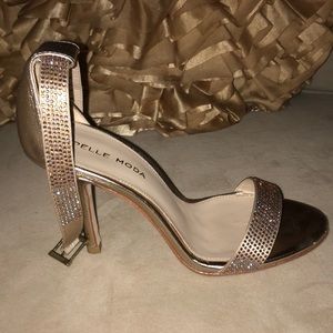 Gold, rhinestone, dress sandal.  3.5 inch heel.