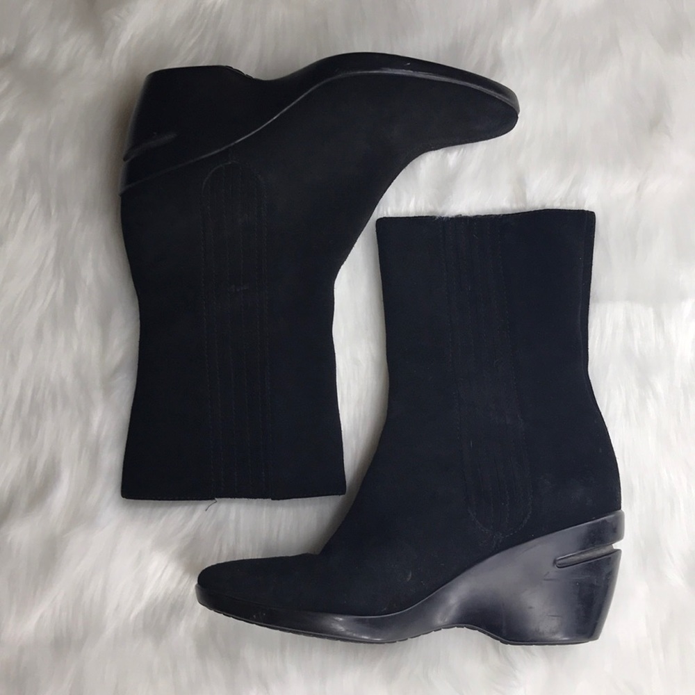 Cole Haan black suede wedge heel boots