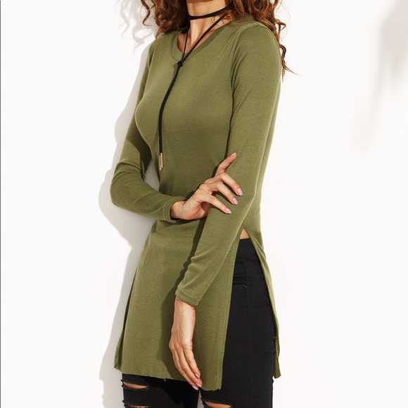 OLIVE GREEN SIDE SPLIT LONG SLEEVE TOP - Picture 2 of 3