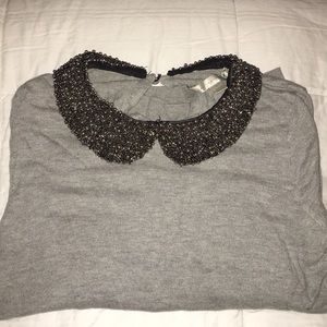 Grey lightweight sweater w lovely beaded collar
