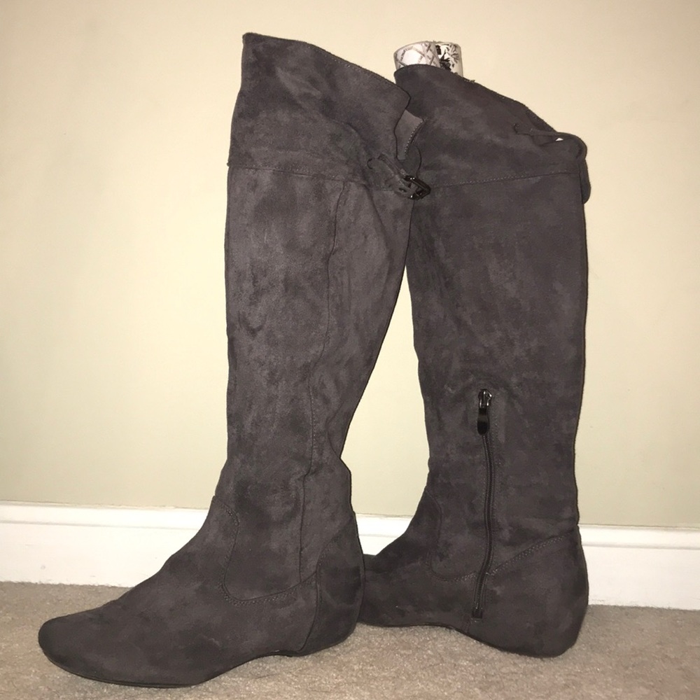 Gray suede knee high boots