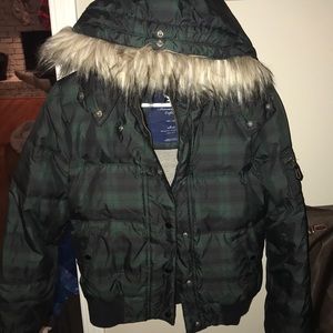 American eagle green plaid puffy bomber jacket