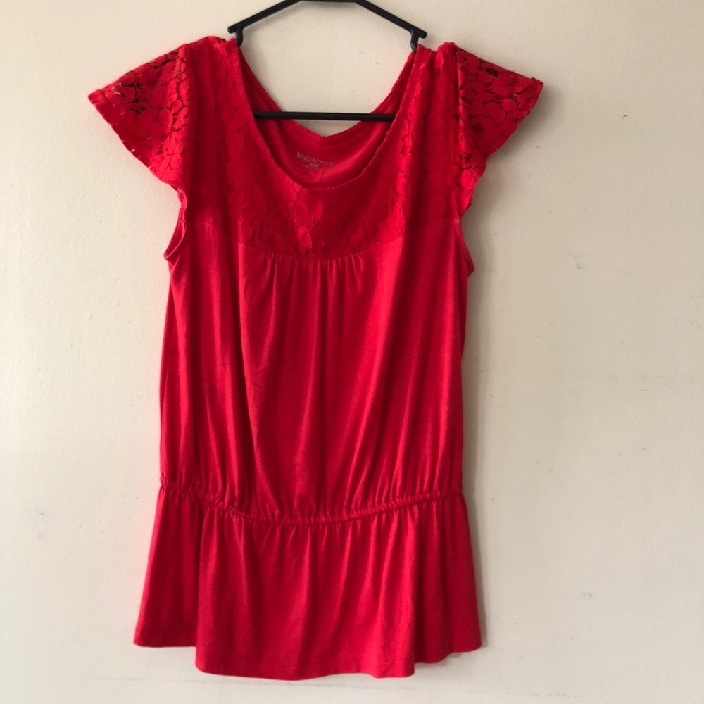 Red top with lace flutter sleeves