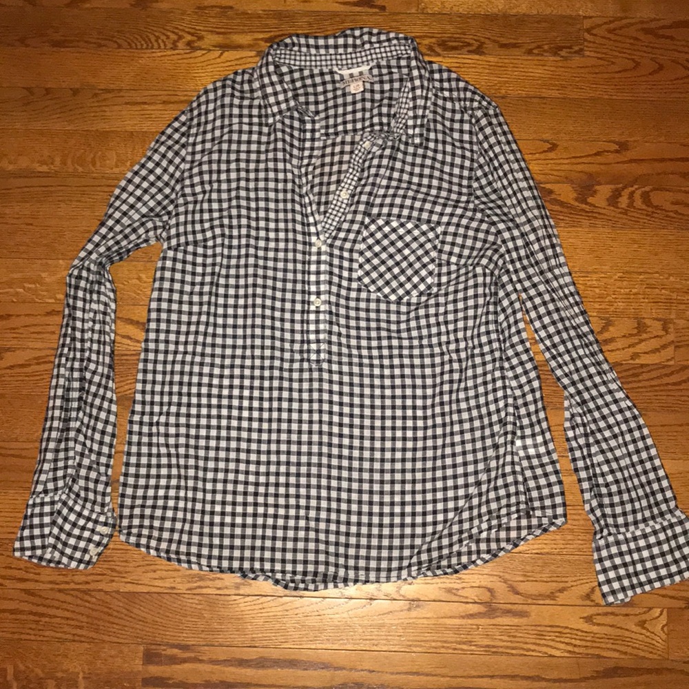 Navy blue and white gingham plaid half button top